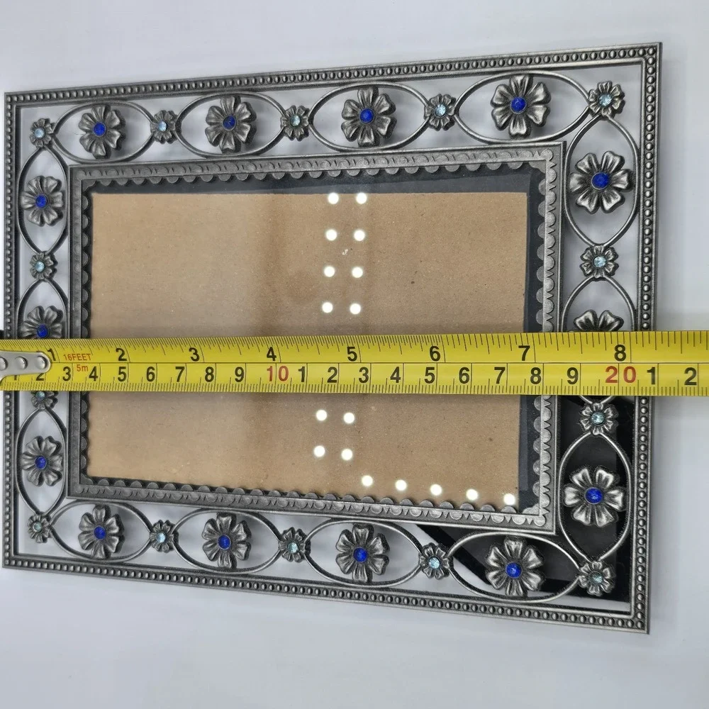 Heirloom Silvertone Floral Blue Jewel Design Photo Picture Frame Vtg